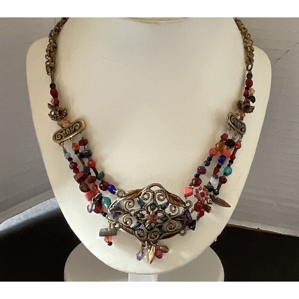 Chicos Vintage Multi Strand Beaded Statement Necklace Ornate Filigree Pendant
